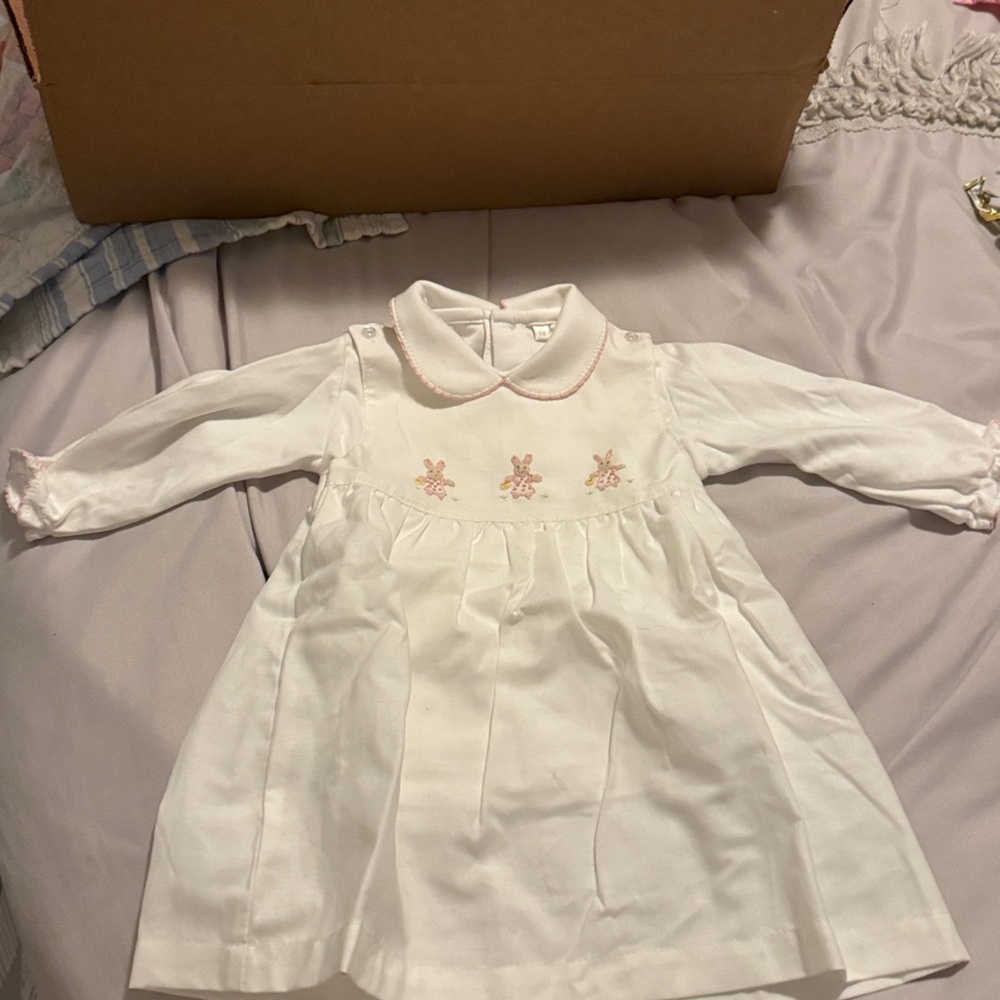 Elegant White Baby Dress with Pink Trim Bunnies